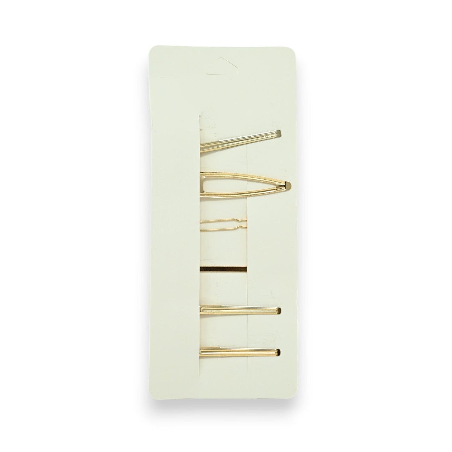 Set von 6 goldenen Haarspangen auf hellgrünem Hintergrund, elegant und minimalistisch präsentiert für besondere Anlässe