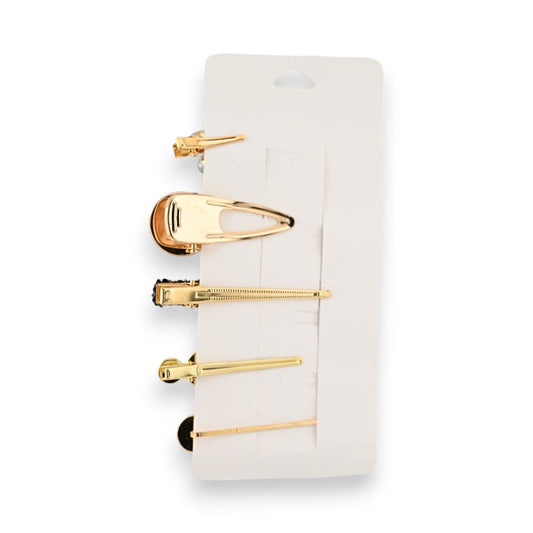 Set von 5 goldenen Haarspangen verschiedener Designs auf weißem Hintergrund, elegante Haaraccessoires