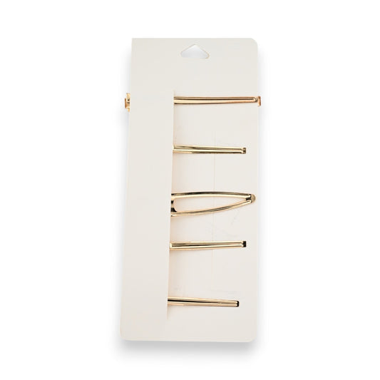 Set aus fünf goldenen Haarspangen auf weißer Karte, minimalistisches Design, elegante Haaraccessoires
