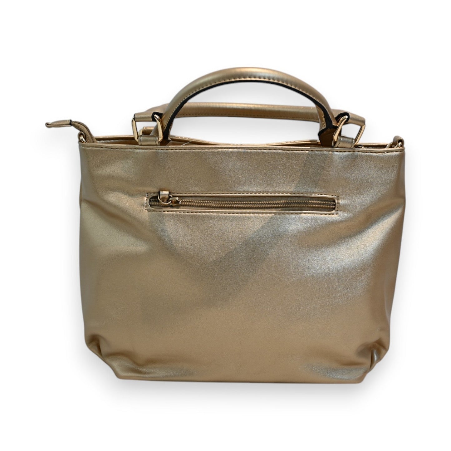 Elegante goldene Handtasche mit Reißverschluss und Tragegriffen, Mélanie Paris Design, metallischer Glanz