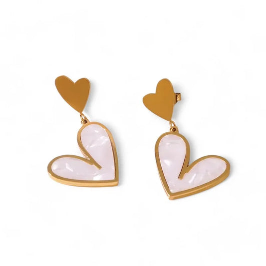 Goldene Herz-Ohrringe mit perlmuttfarbenem Herz-Anhänger, eleganter Schmuck...