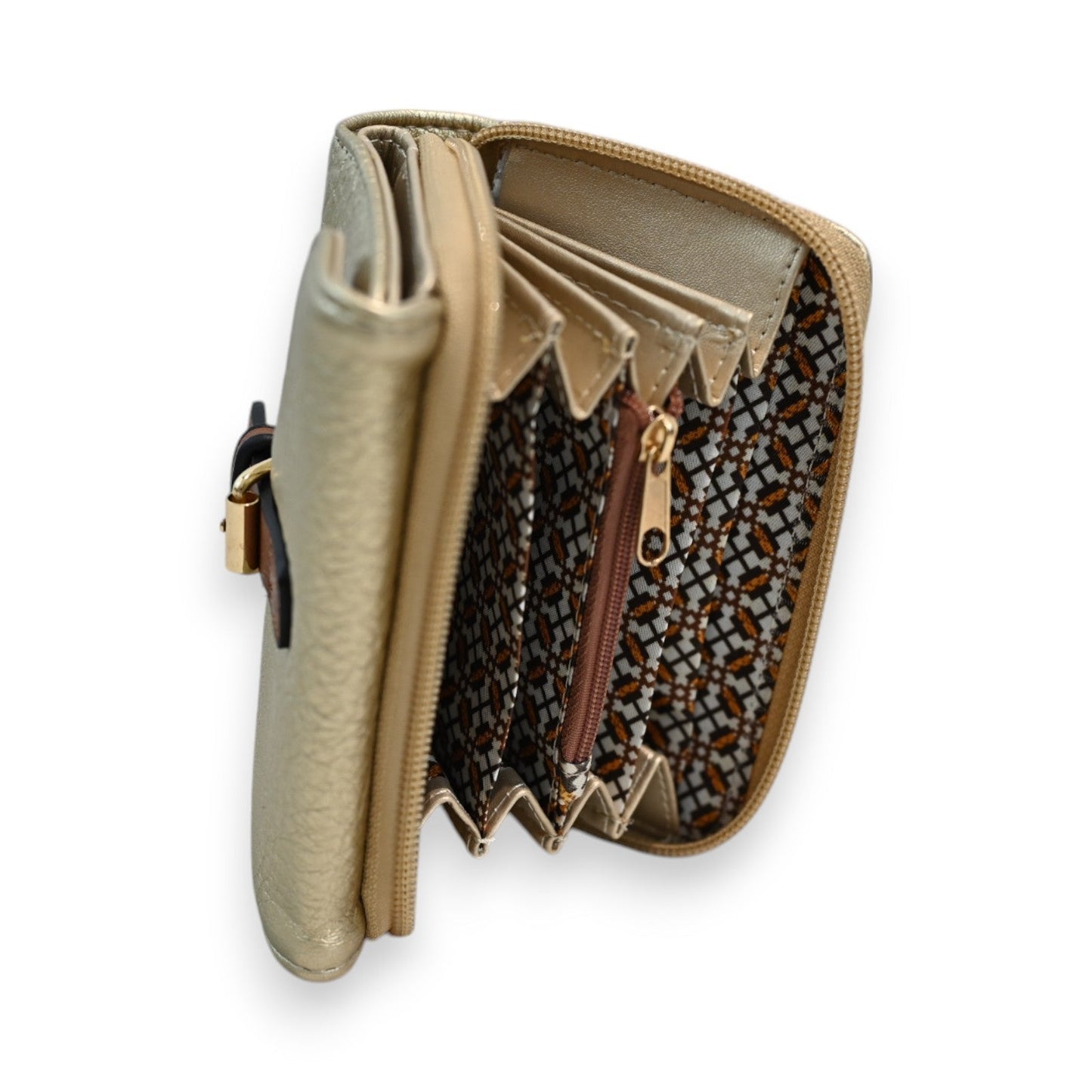 Kompakte goldene Geldbörse mit Reißverschluss, Kartenfächern und gemustertem Innenfutter, geöffnet dargestellt