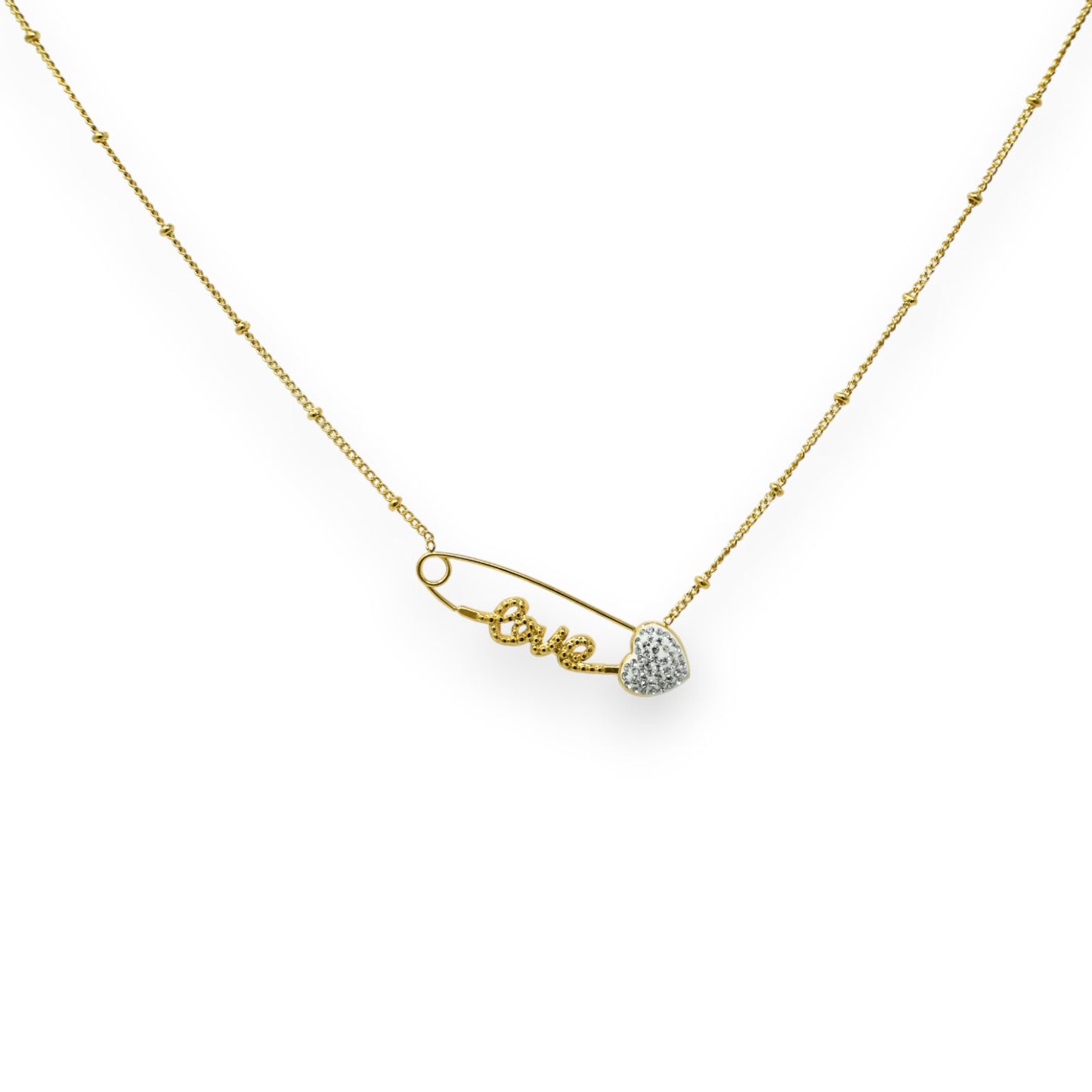 Vergoldete Stahlkette mit LOVE Anhänger in Herzform und Strass