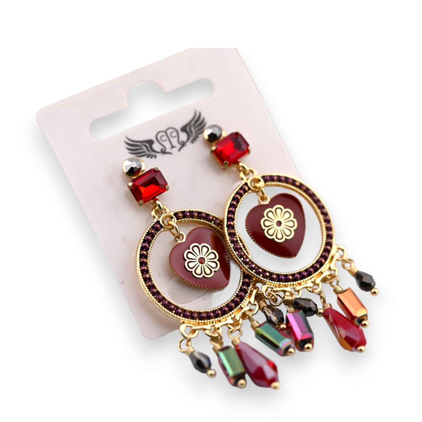 Hängende Goldene Ohrringe mit einem Bordürenherz in Bordeaux