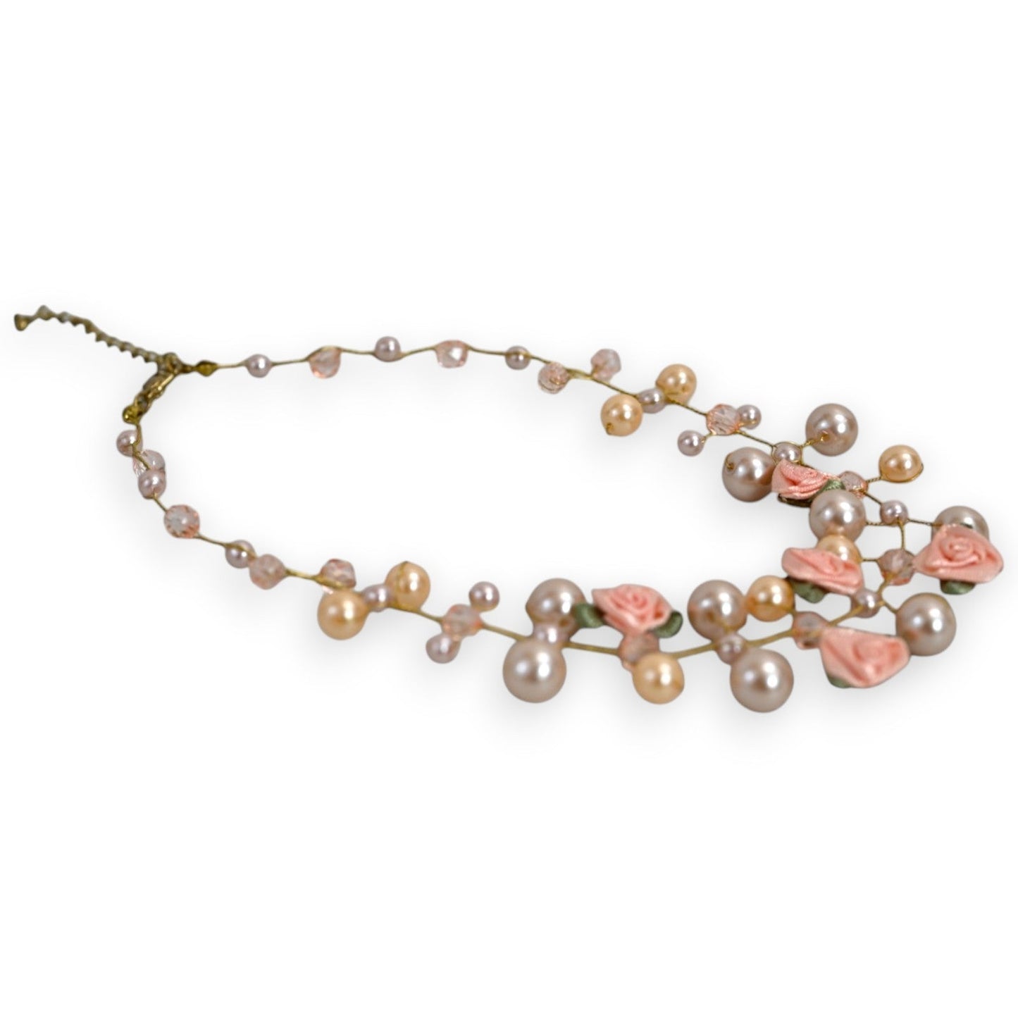 Goldener Choker mit Perlen und rosa Rosen, filigrane Blumenkette, Vintage-Stil Hochzeitsschmuck