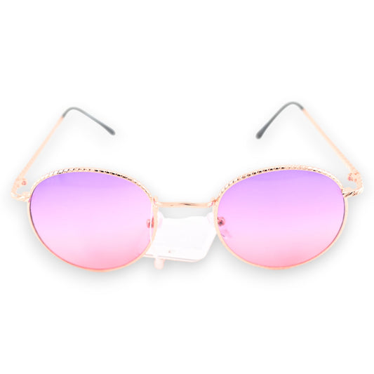 Runde Sonnenbrille mit goldenen Rahmen und violett-rosa getönten Gläsern, stilvoller Retro-Look