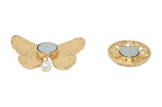 Goldene magnetische Brosche in Schmetterlingsform mit Perle und runder magnetischer Gegenstück, beide mit Silberdetails