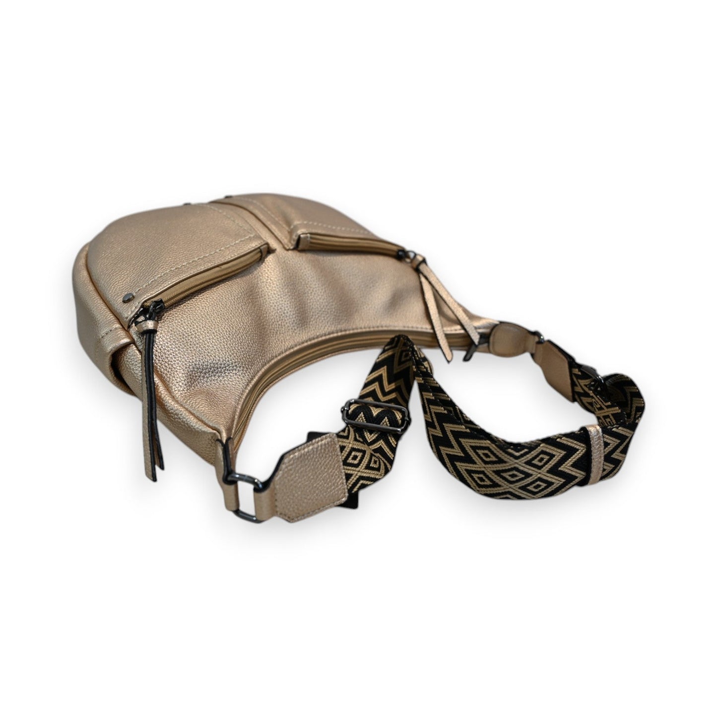 Goldene Leder-Umhängetasche mit gemustertem Schulterriemen, Reißverschlüssen und stilvollem Vintage-Design