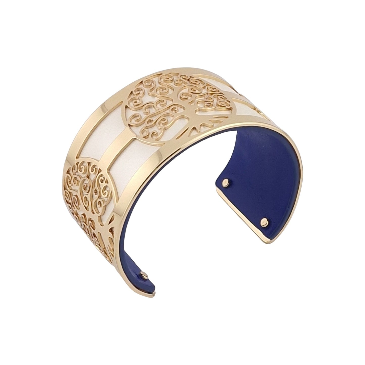 Armband Manschette Baum des Lebens goldfarbenes Kunstleder weiß und marineblau