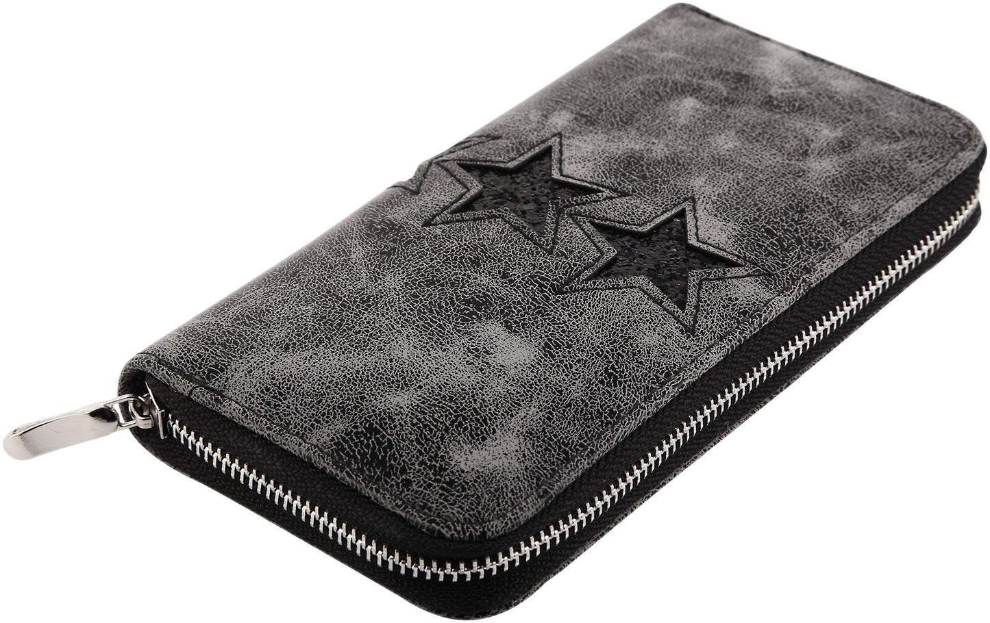 Graue Damen-Geldbörse aus Leder mit eingeprägten Sternen und Reißverschluss, Vintage-Look, elegantes Design