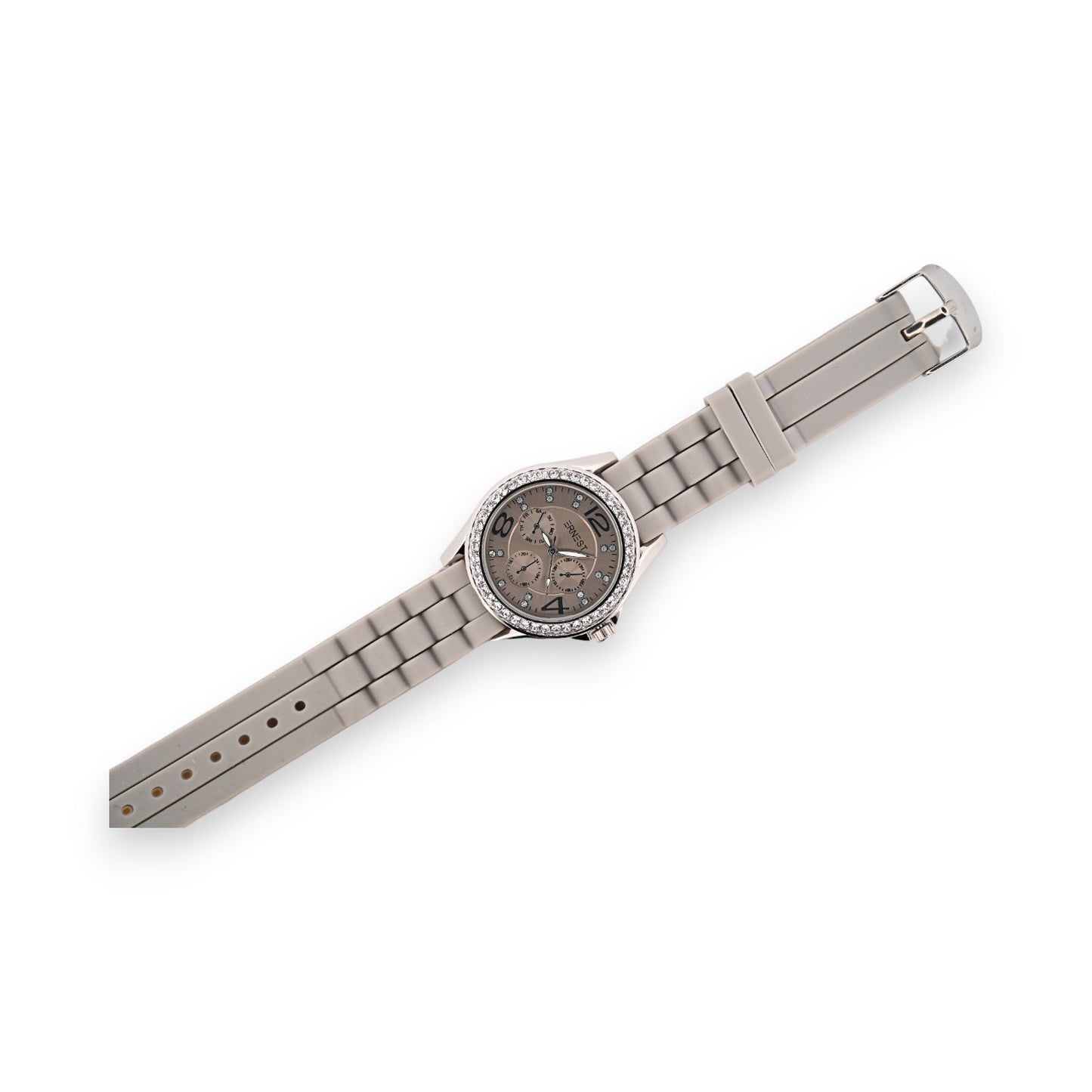 Elegante graue Silikonuhr mit Chronograph-Zifferblatt und Diamanten-besetzter Lünette auf weißem Hintergrund