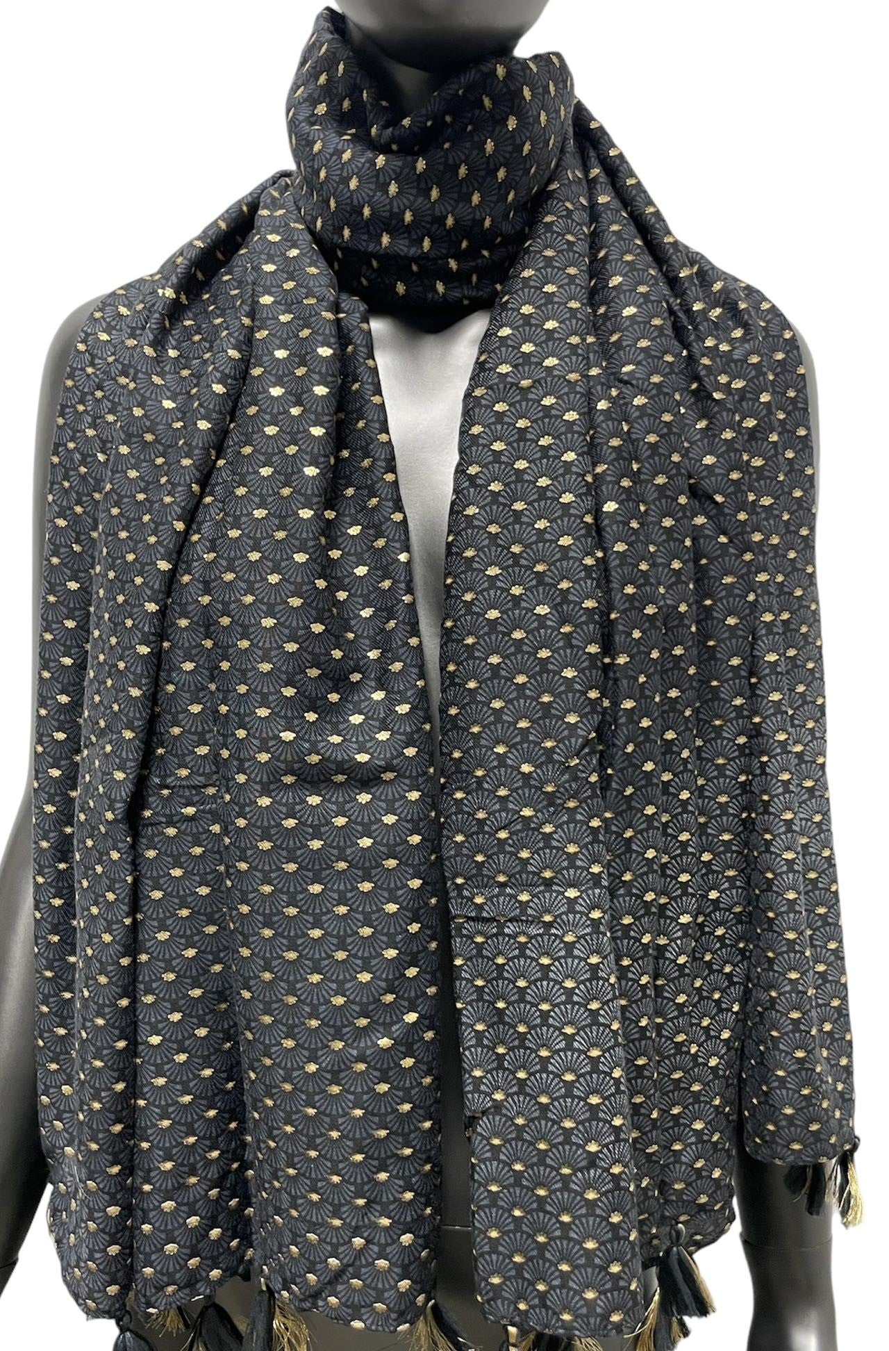 Schal mit Fächer-Muster in Grau und Goldenschwarz