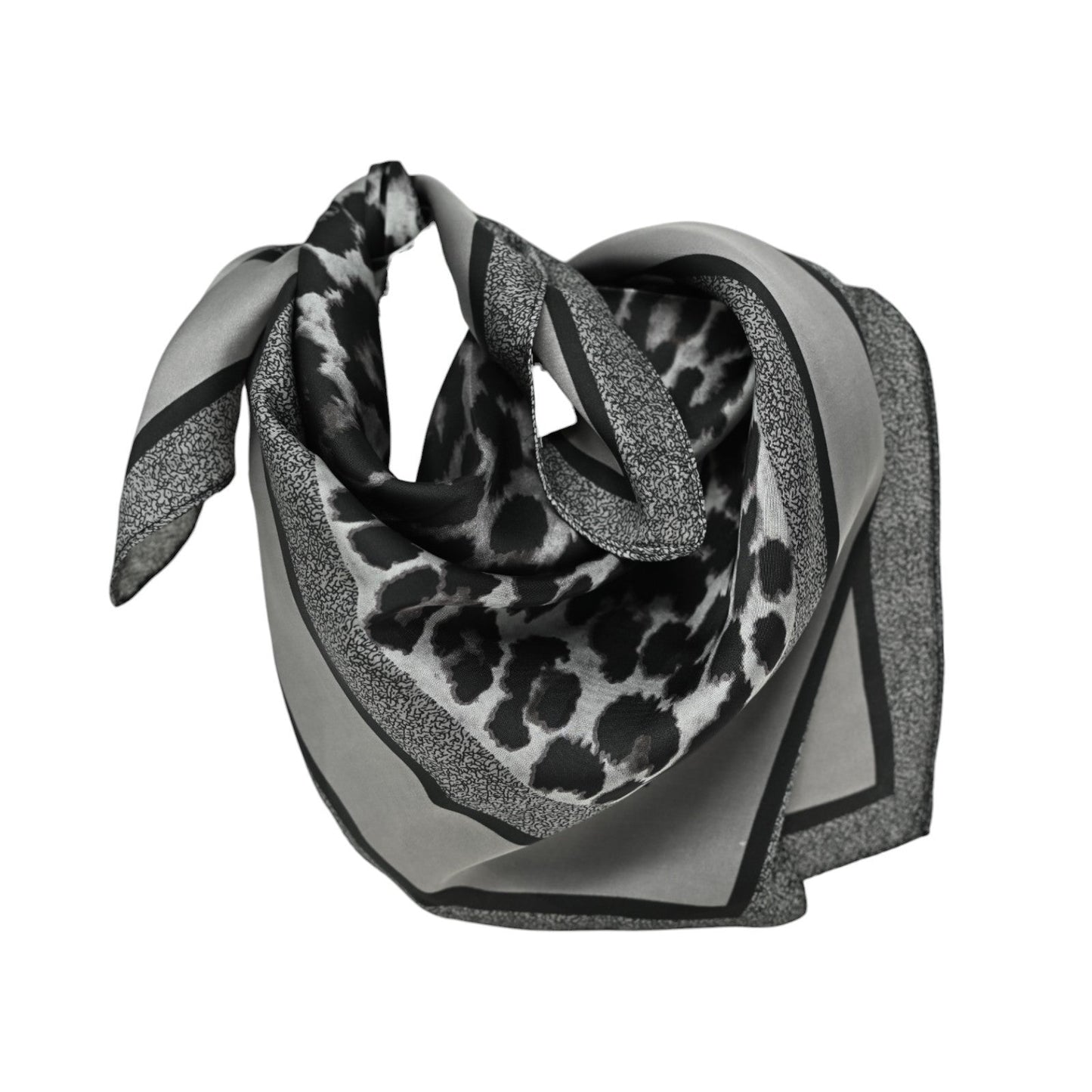 Elegantes graues Seidentuch mit Leopardenmuster und geometrischem Rand, modisches Accessoire für Damen