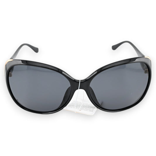 Große schwarze Sonnenbrille mit goldenen Akzenten, ovale Form, dunkle Gläser, elegantes Design für Damen