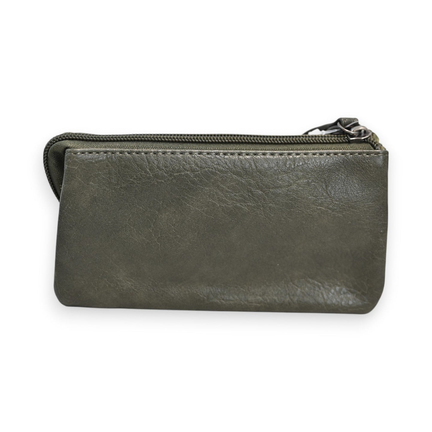 Mehrtaschige Geldbörse aus grünem Leder mit Reißverschluss, schlankes Design, ideal für Karten und Bargeld