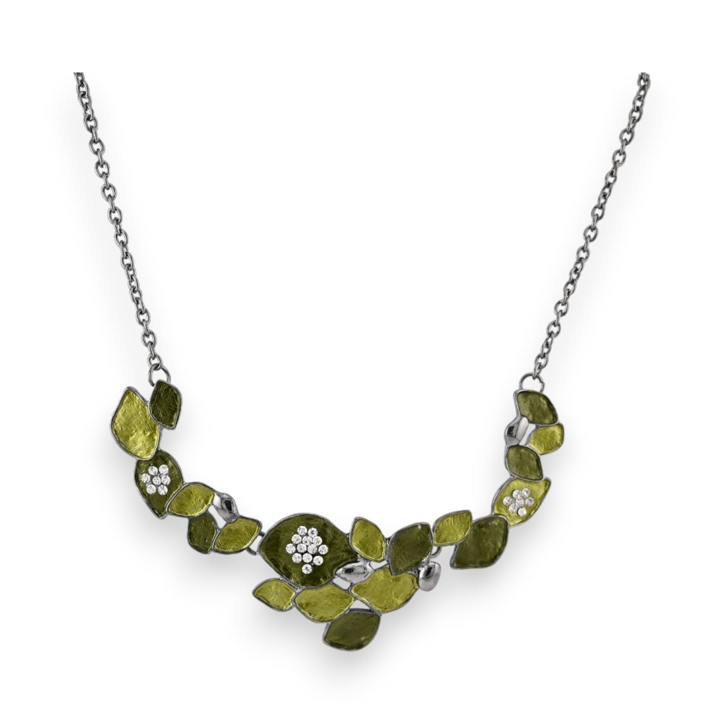 Grüne Blätter Halskette mit silberner Kette, grünen Blattformen und kleinen Kristallblüten, eleganter Modeschmuck