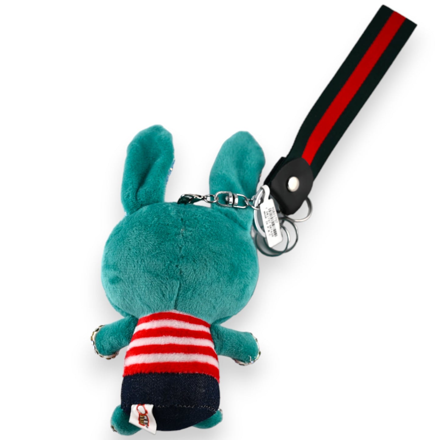 Plüsch-Schlüsselanhänger grüne Ente mit rot-weiß gestreiftem Oberteil und schwarz-rot-grünem Band, Rückansicht