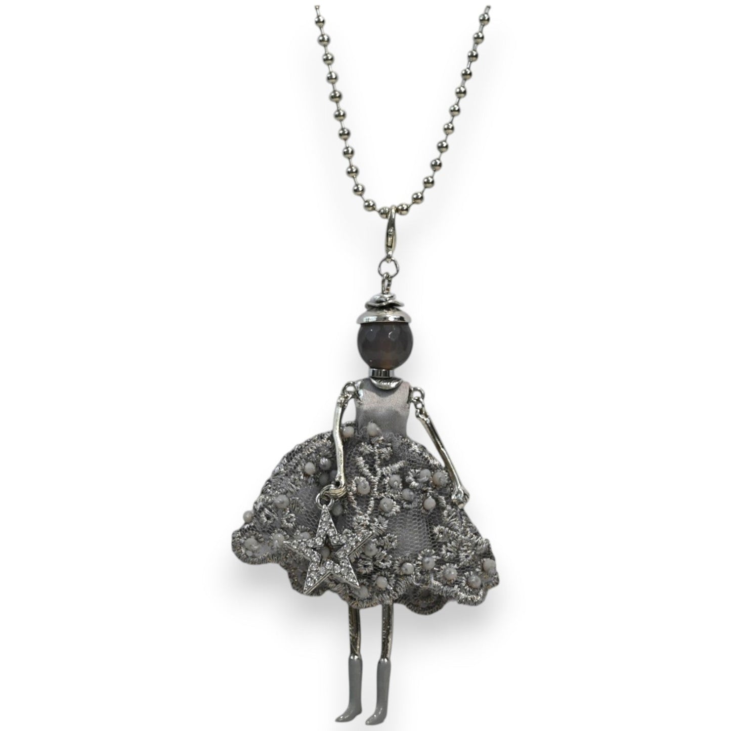 Halskette mit gegliederter grauer Spitzenpuppe
