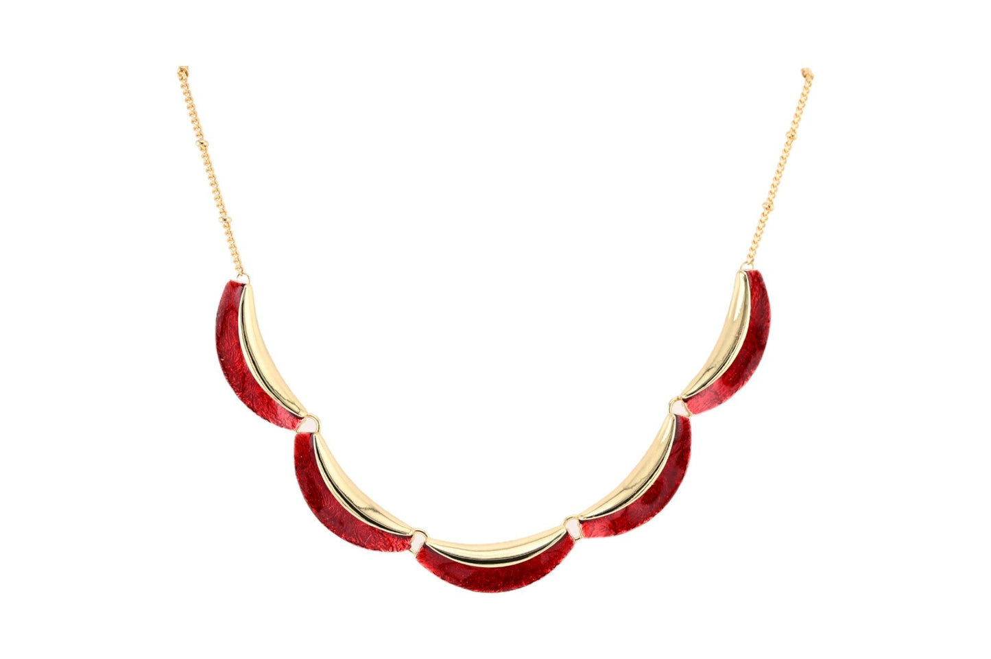 Elegante Halskette mit goldenen und bordeauxroten Halbmond-Elementen an feiner Kette, moderner Schmuck