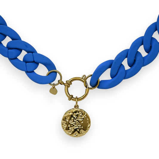Königsblaue Harz-Kettenkette mit goldenem skulptiertem Medaillon, trendiger Modeschmuck