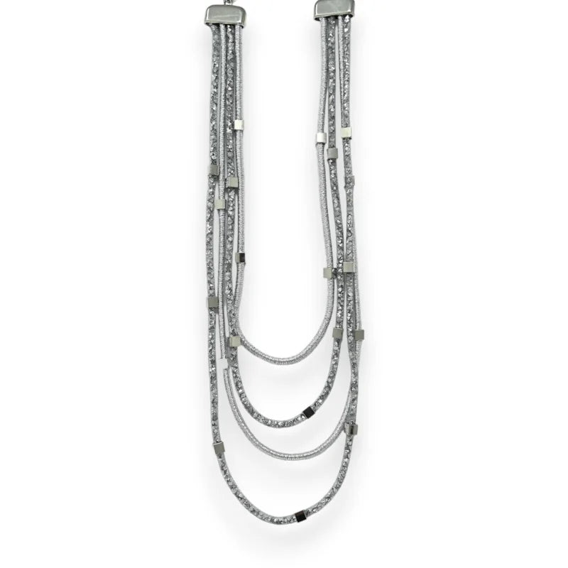 Silberfarbene Modeschmuck-Halskette mehrstrangig mit weißen Kristallröhrchen