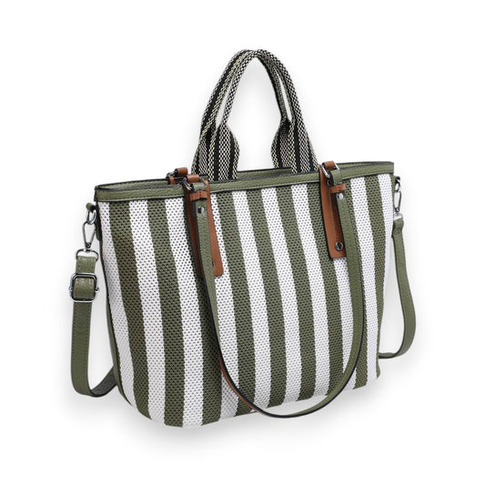 Gestreifte Handtasche in Khaki und Weiß mit Tragegriffen, abnehmbarem Schultergurt und braunen Lederakzenten