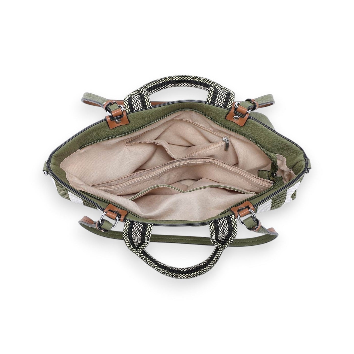 Geöffnete Handtasche Donna Aléssia in Khaki und Weiß mit gestreiften Henkeln und beigem Innenfutter mit Fächern