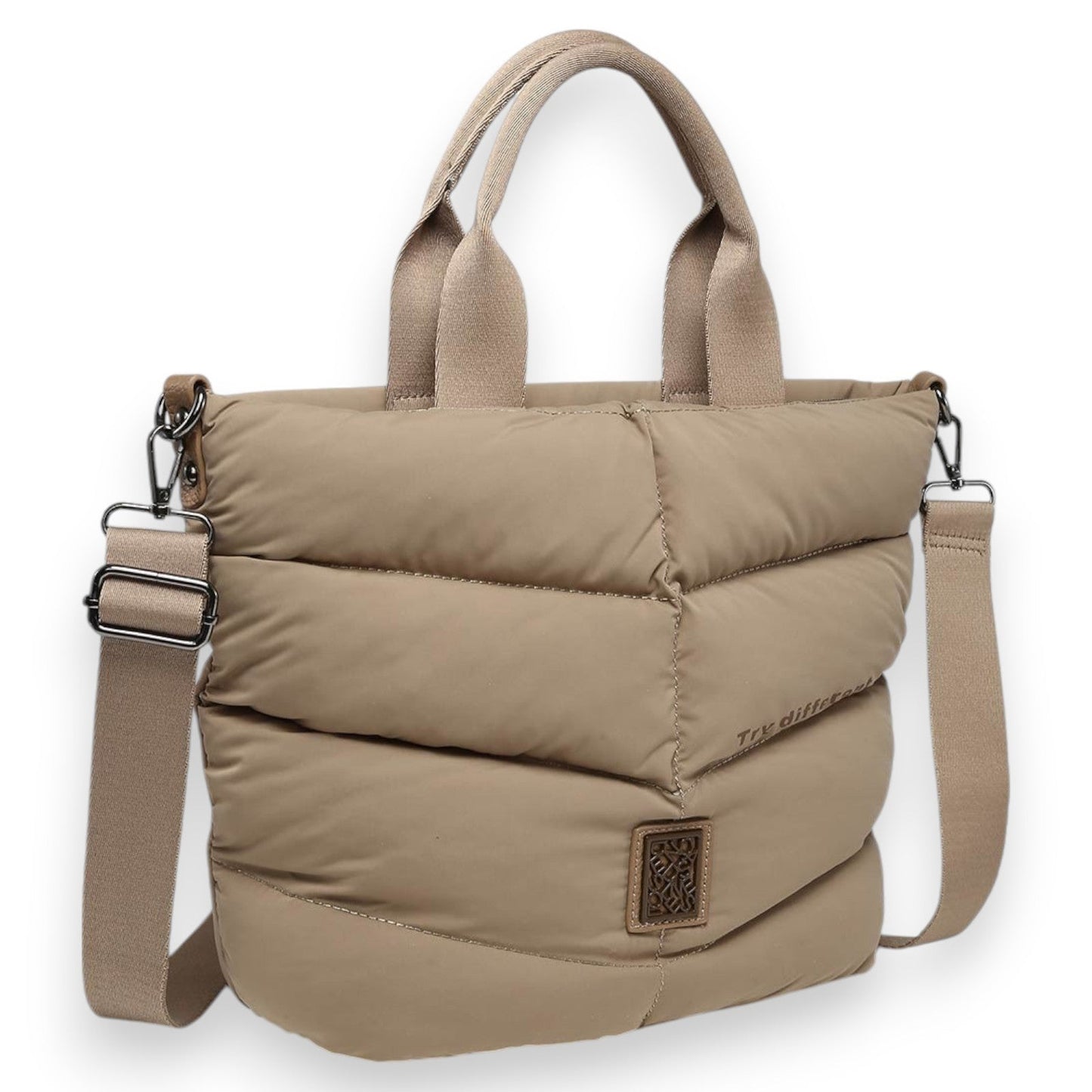 Beige gesteppte Handtasche mit Tragegriffen und Schultergurt, Donna Alessia Taupe Steppjacke Modell, seitliche Ansicht