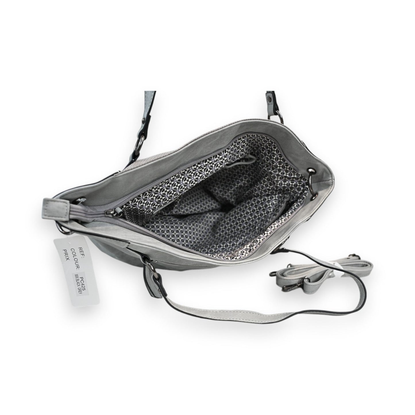 Graue Handtasche Mélanie Paris, geöffnet mit Patchwork-Innenfutter, Reißverschluss und verstellbarem Schulterriemen