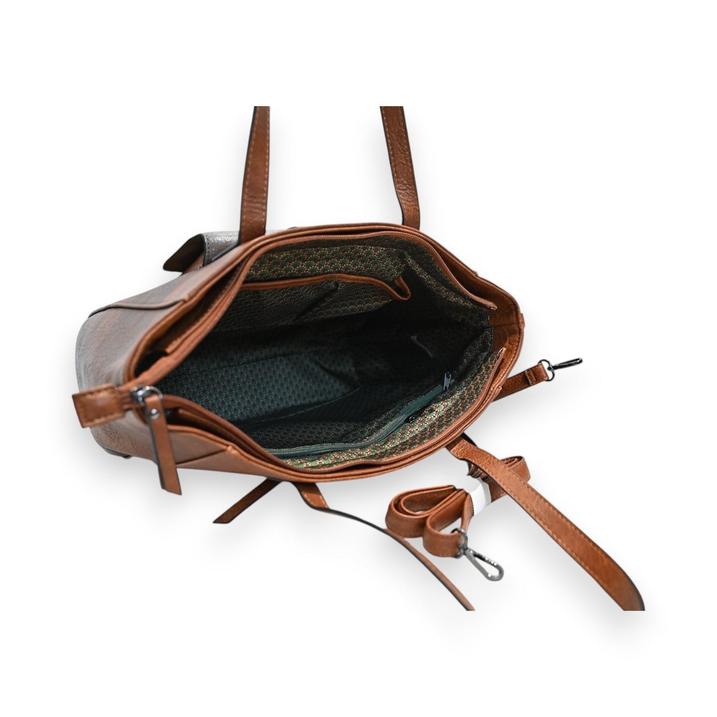 Offene braune Lederhandtasche mit Schulterriemen, Innenfutter und mehreren Fächern, klassisch-elegantes Design