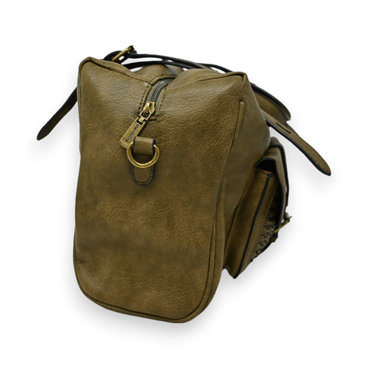 Elegante Lederhandtasche in Khaki mit Reißverschluss und Golddetails, seitliche Ansicht auf weißem Hintergrund