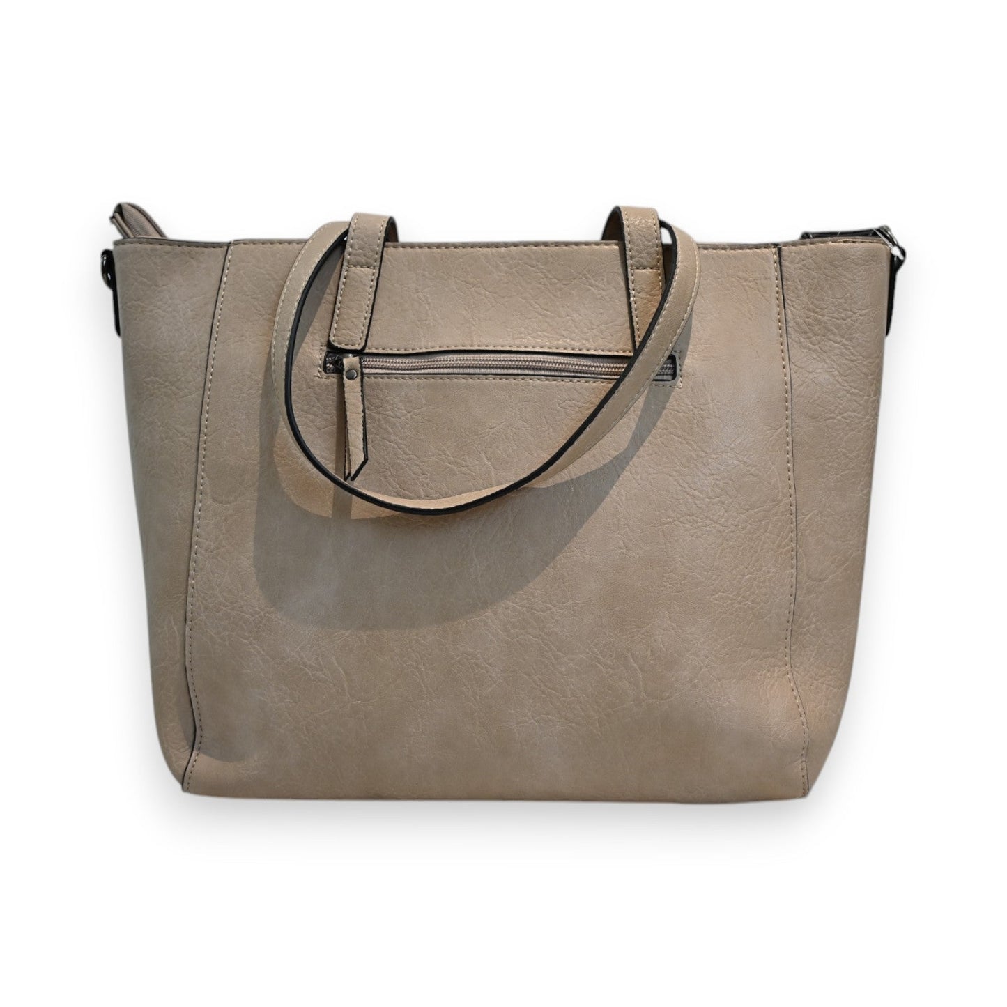 Elegante beige Lederhandtasche mit Reißverschluss-Fronttasche und verstellbarem Schulterriemen, klassisches Design