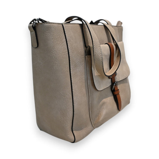 Elegante beige Damenhandtasche mit Schulterriemen, strukturiertem Leder und braunen Akzenten, ideal für klassischen Chic