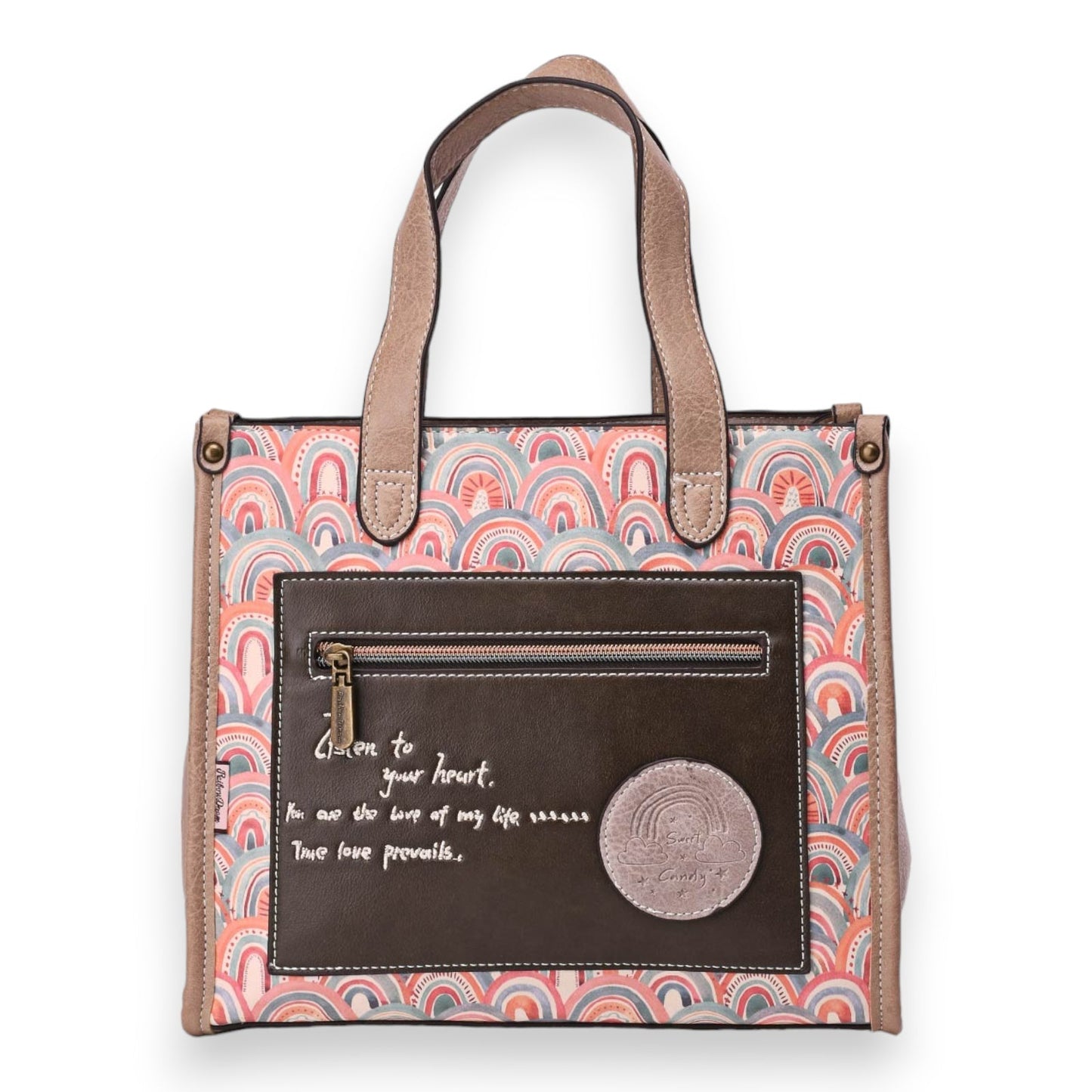 Handtasche mit Regenbogenmuster, braunem Leder und inspirierendem Spruch. Vintage-Design von Sweet & Candy.