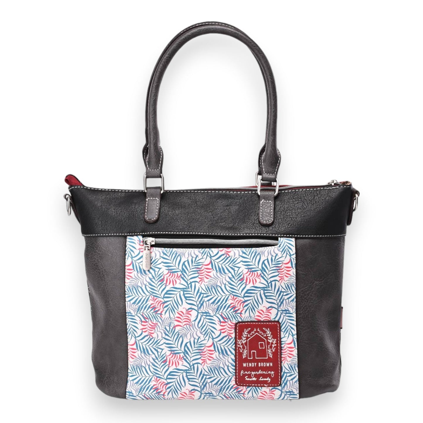 Elegante Damenhandtasche in Schwarz mit tropischem Blattmuster in Blau und Rosa, Marke Wendy Brown, Reißverschluss