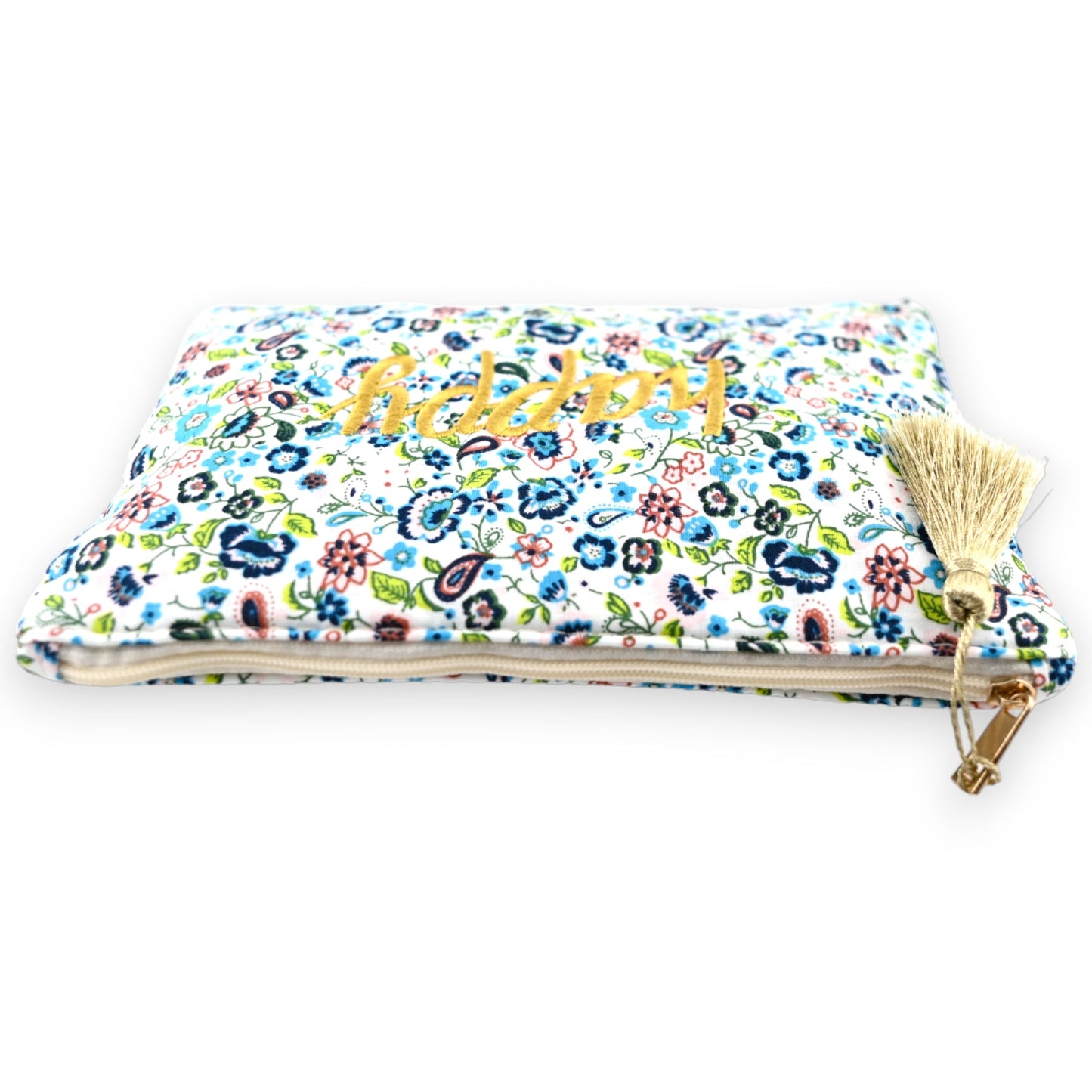 Bunte Blumentasche mit goldenem 'happy' Schriftzug, Reißverschluss und Quaste. Florales Muster in Blau, Grün und Rosa