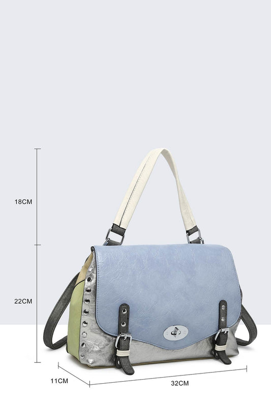 Elegante Damenhandtasche in Pastellblau mit Metallic-Akzenten, Nieten und verstellbarem Schulterriemen, 32x22x11cm