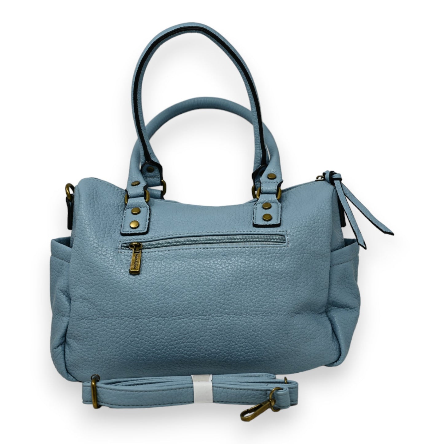 Hellblaue Lederhandtasche mit Tragegriffen, Schulterriemen und Reißverschluss-Details, auf weißem Hintergrund