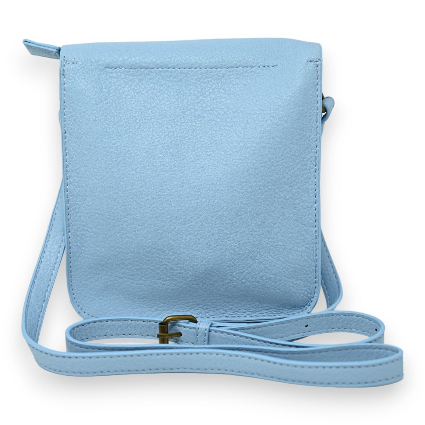 Hellblaue Leder-Schultertasche mit verstellbarem Riemen, quadratische Form, glatte Oberfläche, minimalistisches Design