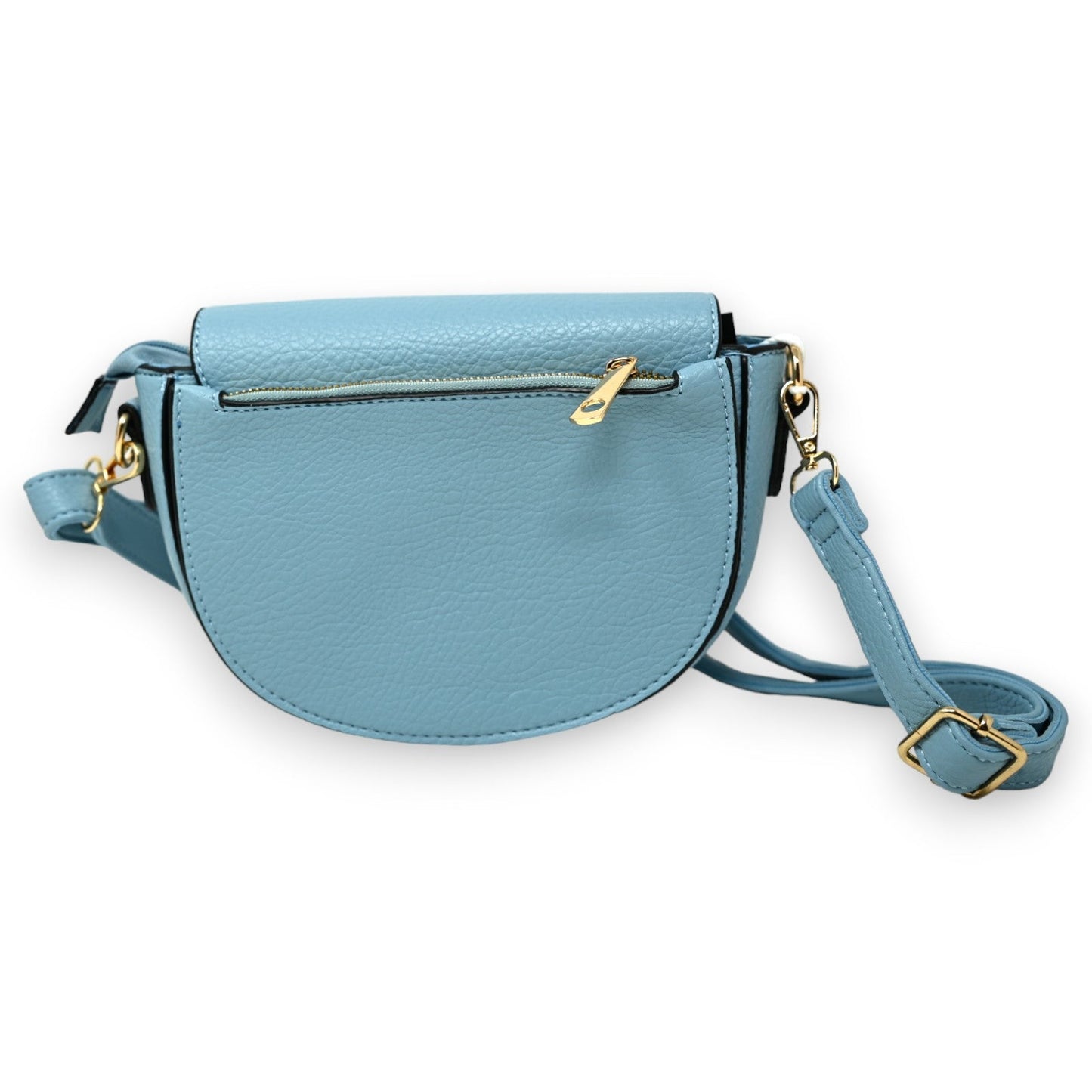 Hellblaue Leder-Schultertasche mit goldenen Details, Reißverschluss und verstellbarem Riemen, elegantes Design
