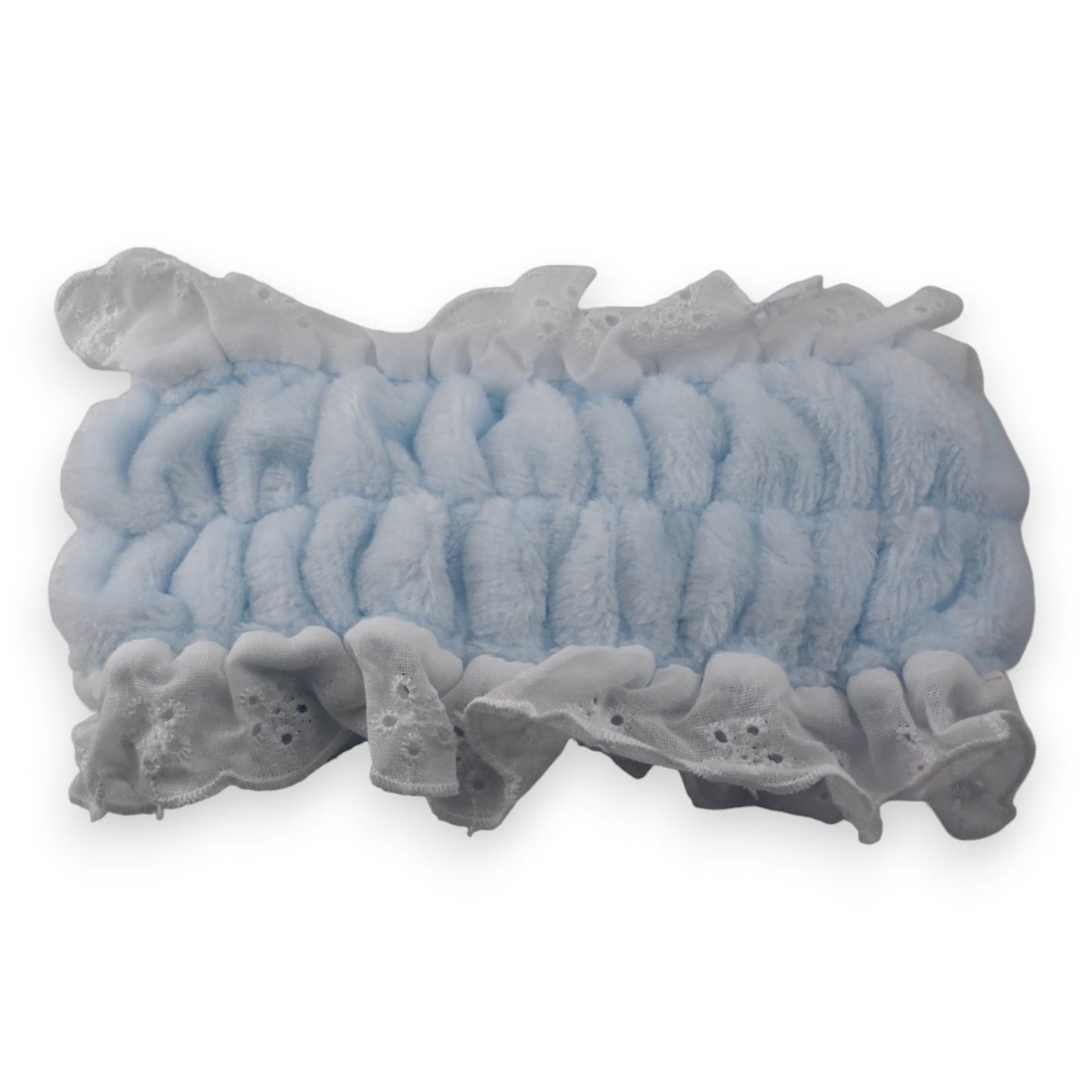 Hellblaues Plüsch-Stirnband mit weißer Spitzenverzierung, gerafft und mit Rüschen, für Mädchen-Kosmetik und Haarpflege