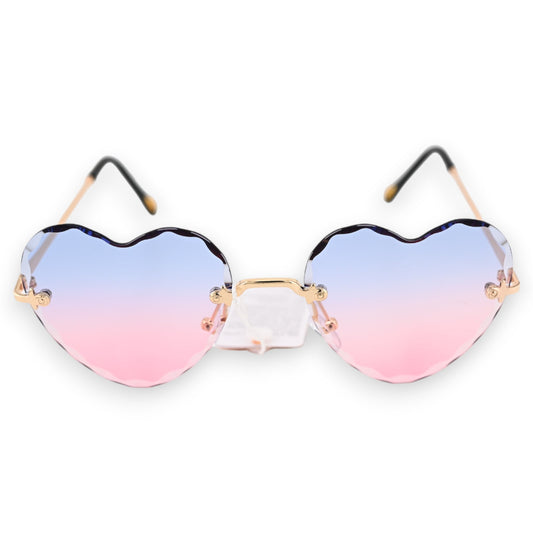 Herzförmige Sonnenbrille mit Farbverlauf von Blau zu Rosa, goldener Rahmen, Vintage-Stil, romantisches Accessoire