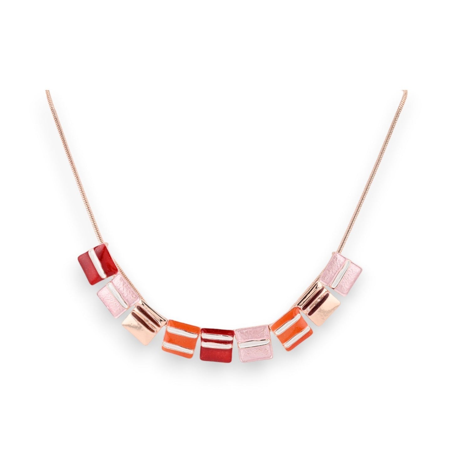 Moderne Halskette mit quadratischen Anhängern in Rot, Orange und Rosa auf rosé-goldfarbener Kette, von IKITA