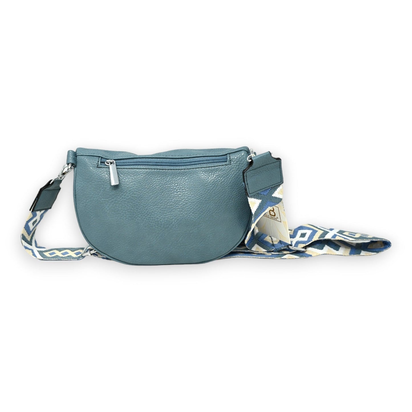 Jeansblau Gürteltasche mit Reißverschluss und gemustertem Schulterriemen, geeignet als Umhängetasche, auf weißem Hintergrund