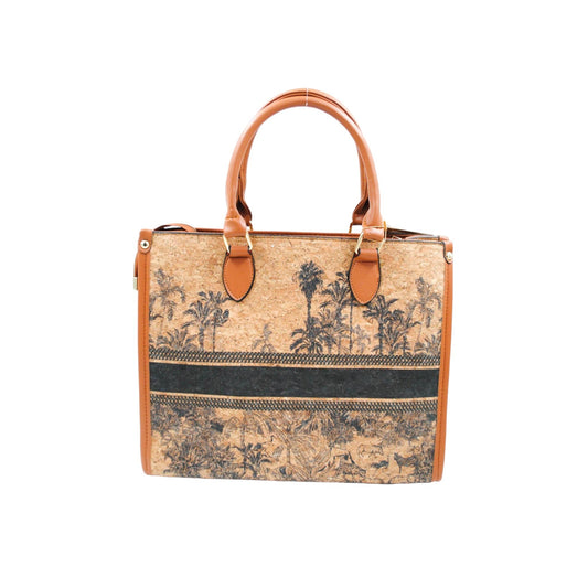 Elegante Handtasche aus Kork mit tropischem Palmenmotiv, braunen Ledergriffen und schwarzem Zierstreifen