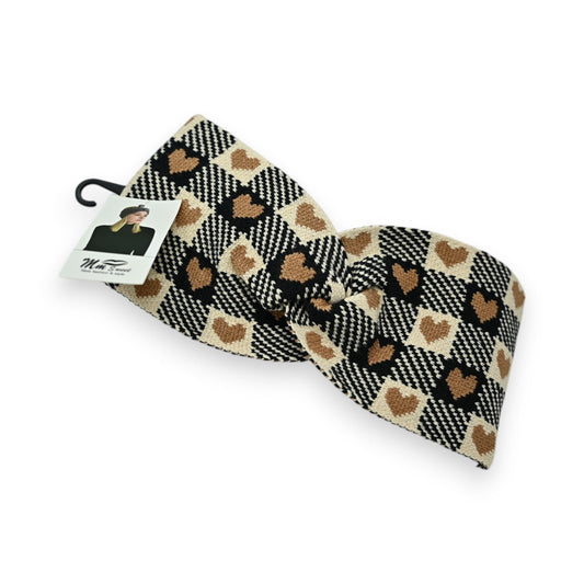 Vintage Winter Stirnband mit Herzmuster in Schwarz, Beige und Braun, kariertes Design, mit Produktetikett