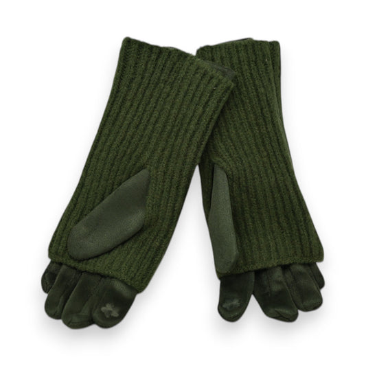 Khakifarbene fingerlose 2-in-1-Handschuhe aus Wildlederimitat und Strick, Kombination aus Strickstulpen und Lederhandschuhen