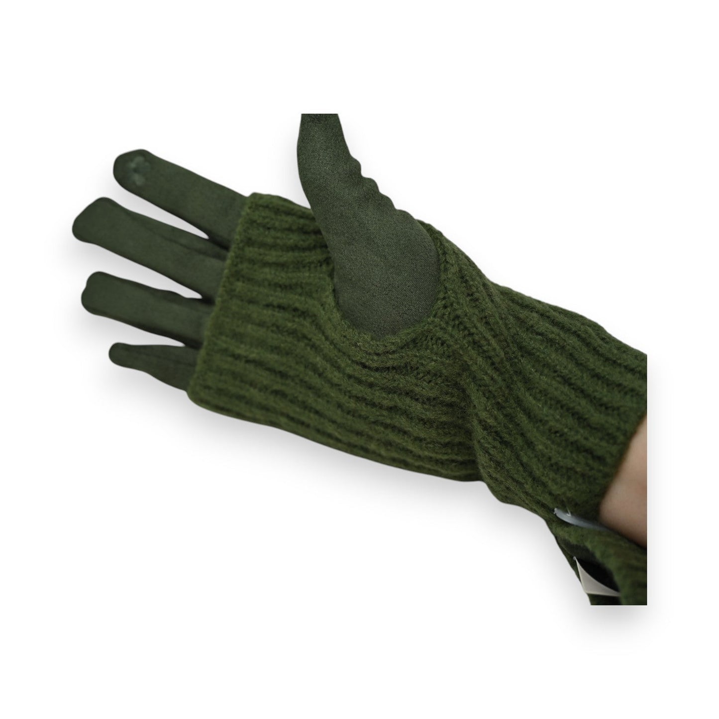 Fingerlose 2-in-1-Handschuhe in Khaki, Kombination aus gestricktem Ärmel und Wildlederimitat-Handschuh mit Fingern