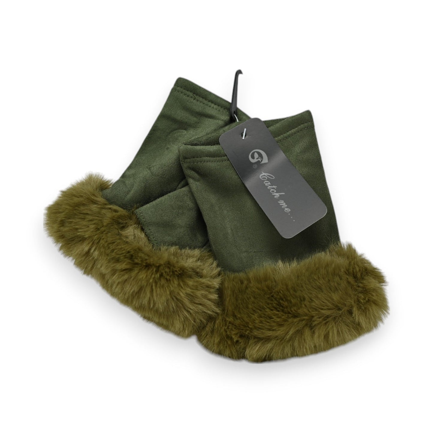 Grüne Handschuhe mit Kunstfellbesatz und Produktetikett, warme Winteraccessoires in Khaki-Farbe