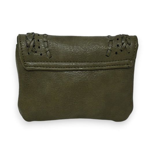 Kleine khakifarbene Ledergeldbörse mit geflochtenem Rand, quadratische Form, Überschlagklappe mit Ziernaht